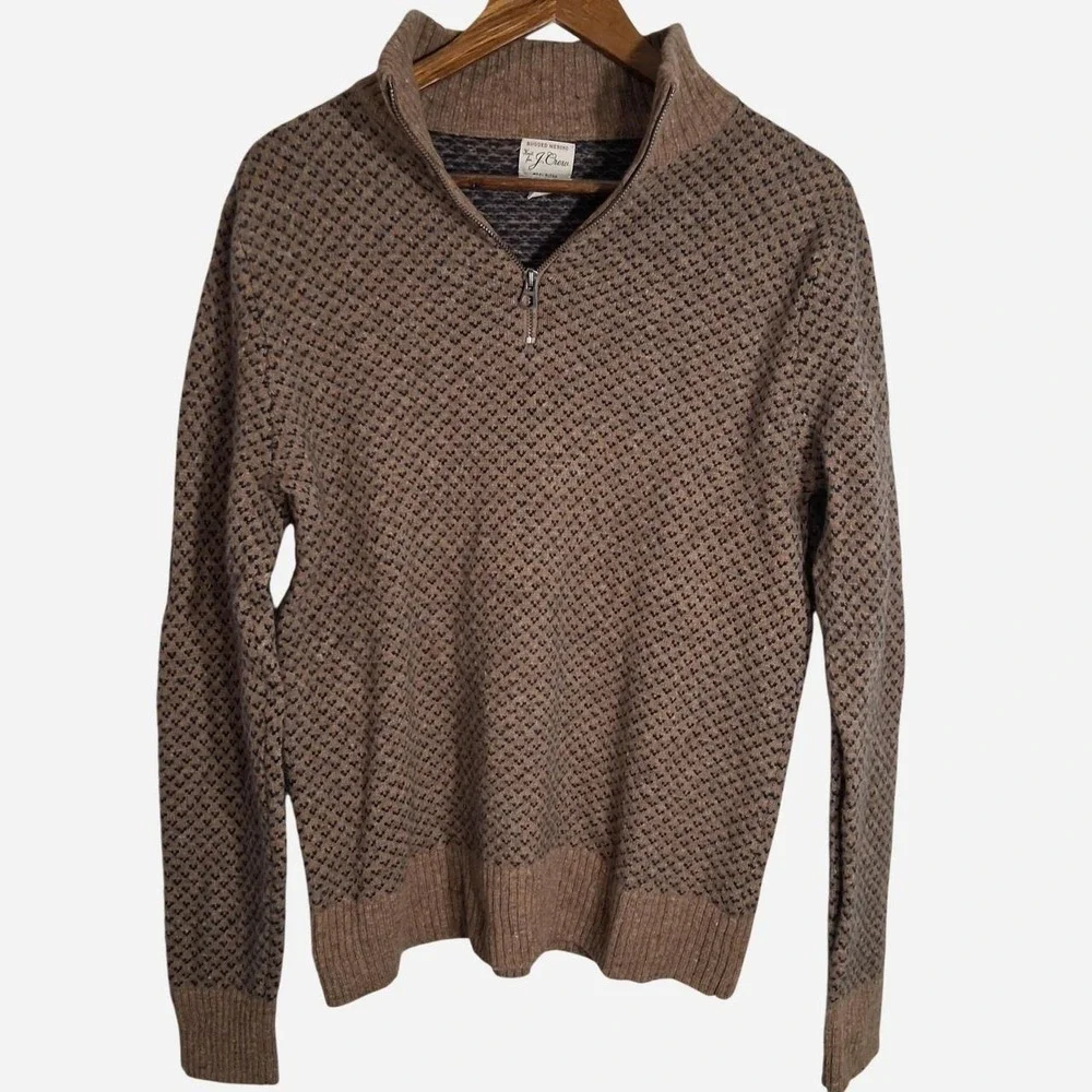 Mens Merino Wool Blend Quarter Zip Sweater in Brown with Diamond Knit Pattern
